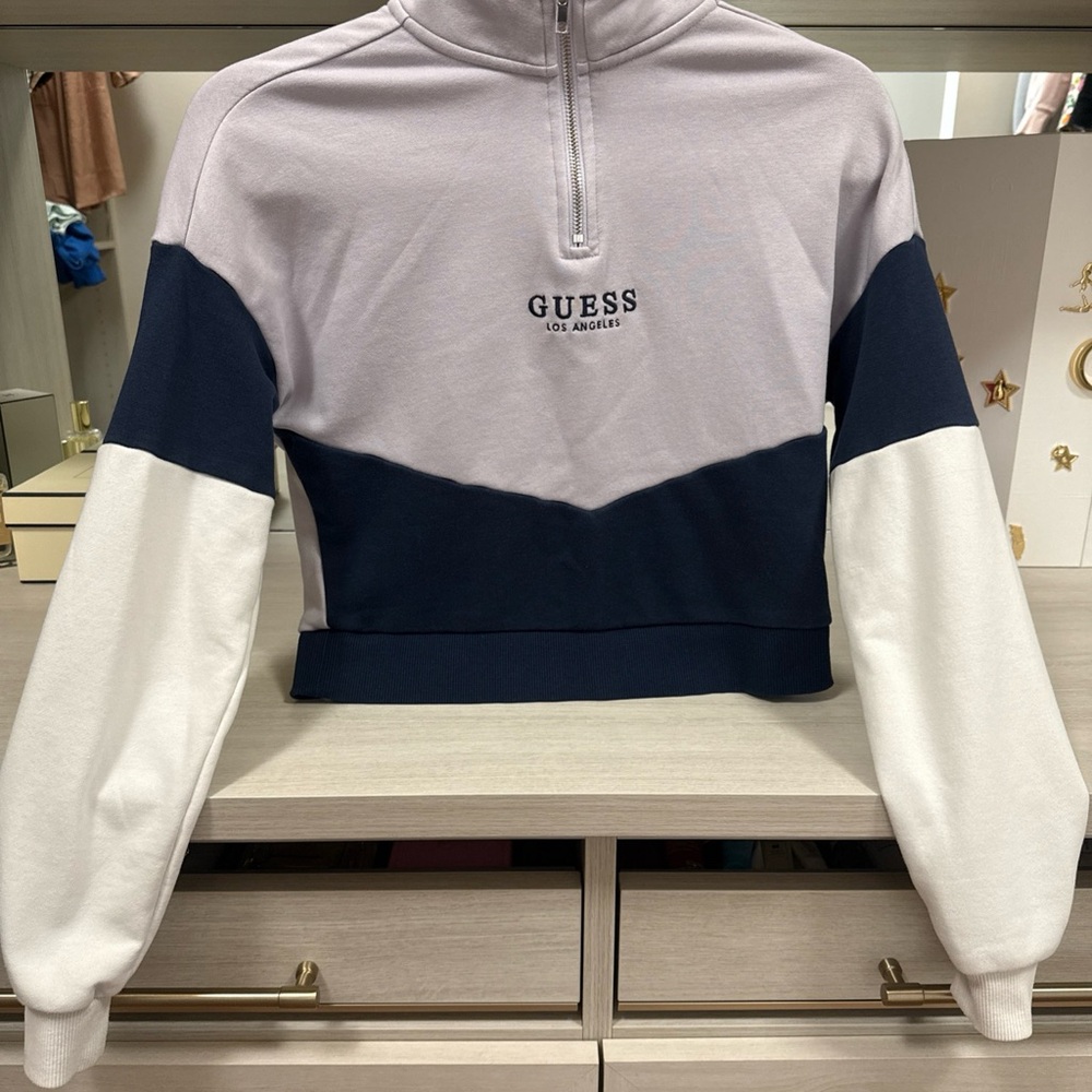 GUESS Women's Tri-Tone Cropped Sweatshirt - Navy, White, Lavender